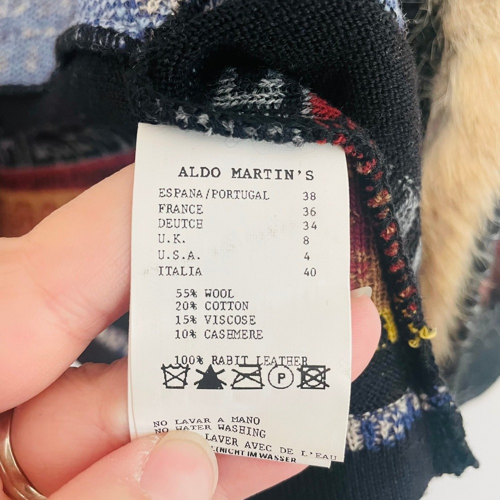 Aldo Martins Fair Isle‎ Geometric Real Fur Trim Open Cardigan Sweater Size 4 XS - Picture 4 of 9